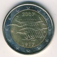 (005) Монета Финляндия 2007 год 2 евро "Независимость 90 лет"  Биметалл  XF